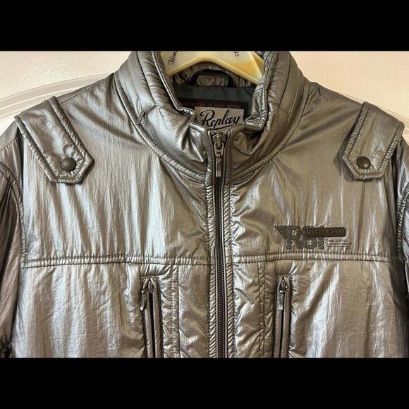 VTG REPLAY Men’s Moto Bomber Jacket Hood XXL Metallic Gray Polyamide Fashion Box - Picture 3 of 15